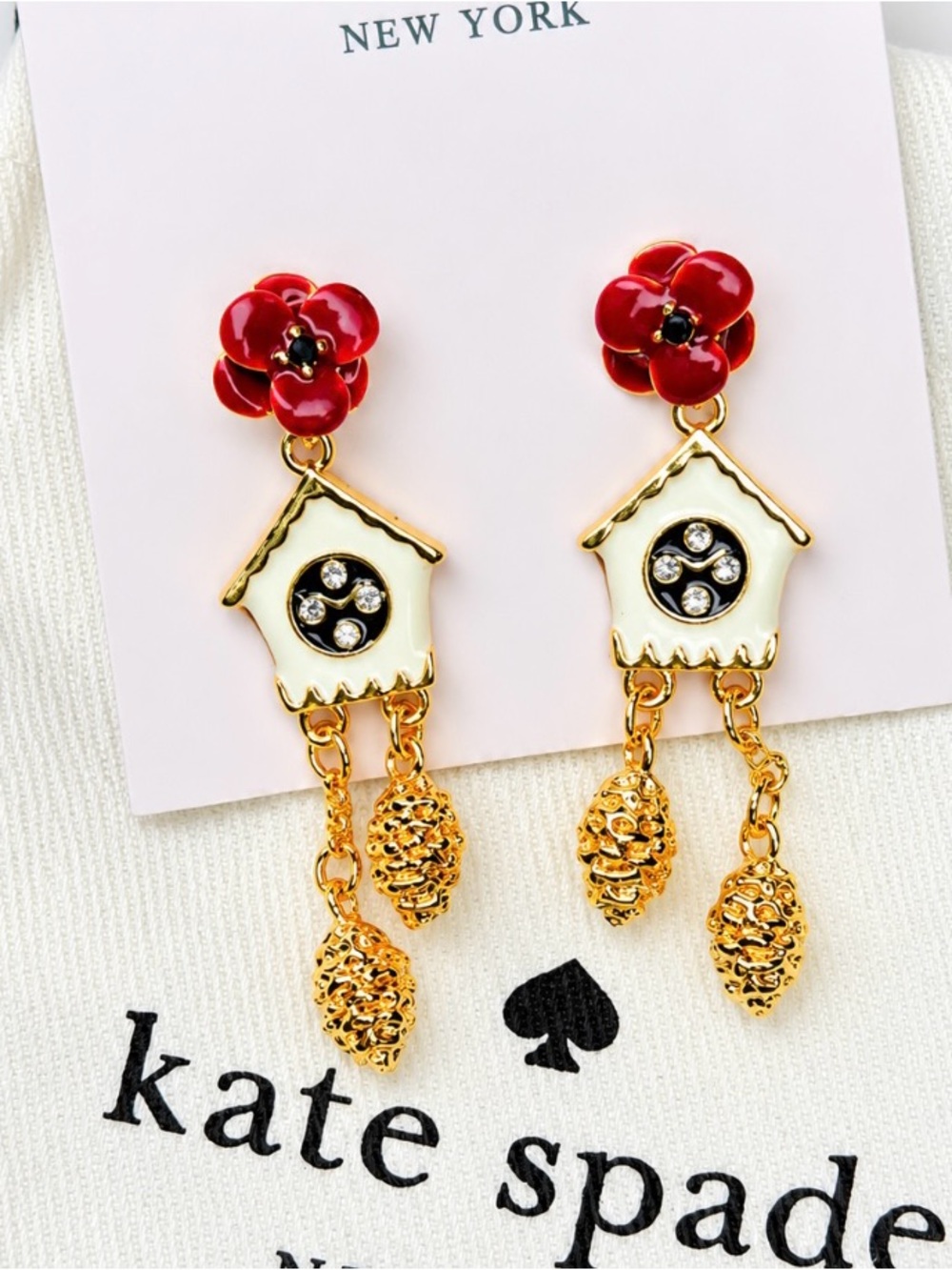 kate spade Red Flower and Cream Birdhouse Drop Earrings with Gold Accents